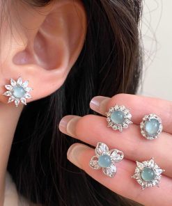 Chinese-Style Blue-Green Jade Earrings with Diamonds and Zirconia - Versatile Women's Jewelry for 2025