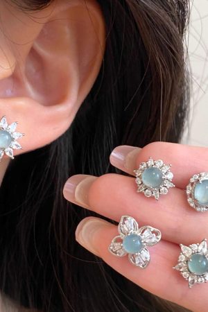Chinese-Style Blue-Green Jade Earrings with Diamonds and Zirconia - Versatile Women's Jewelry for 2025