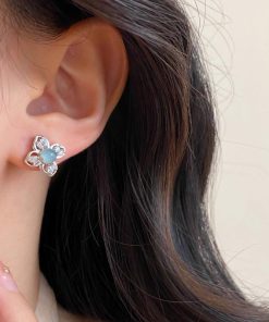 Chinese-Style Blue-Green Jade Earrings with Diamonds and Zirconia - Versatile Women's Jewelry for 2025