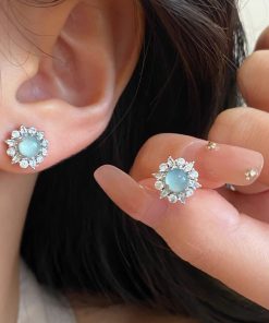 Chinese-Style Blue-Green Jade Earrings with Diamonds and Zirconia - Versatile Women's Jewelry for 2025