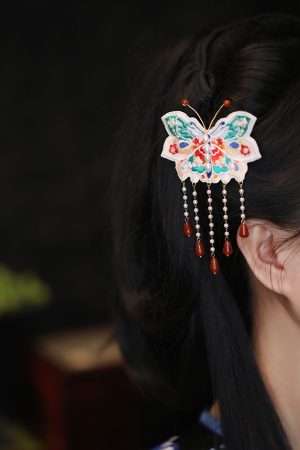 Chinese-Style Butterfly Embroidered Hair Clip with Tassels, Hanfu Headdress Accessory for Qipao & Forest Aesthetic, Side Clip