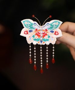 Chinese-Style Butterfly Embroidered Hair Clip with Tassels, Hanfu Headdress Accessory for Qipao & Forest Aesthetic, Side Clip