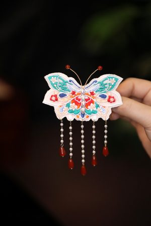 Chinese-Style Butterfly Embroidered Hair Clip with Tassels, Hanfu Headdress Accessory for Qipao & Forest Aesthetic, Side Clip