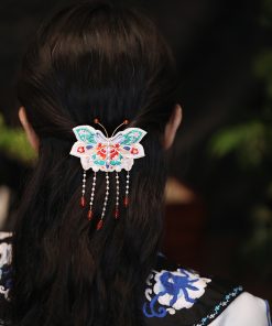 Chinese-Style Butterfly Embroidered Hair Clip with Tassels, Hanfu Headdress Accessory for Qipao & Forest Aesthetic, Side Clip