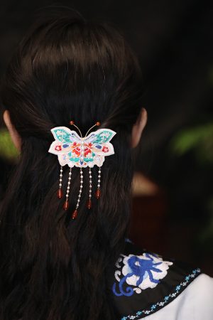 Chinese-Style Butterfly Embroidered Hair Clip with Tassels, Hanfu Headdress Accessory for Qipao & Forest Aesthetic, Side Clip