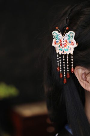 Chinese-Style Butterfly Embroidered Hair Clip with Tassels, Hanfu Headdress Accessory for Qipao & Forest Aesthetic, Side Clip