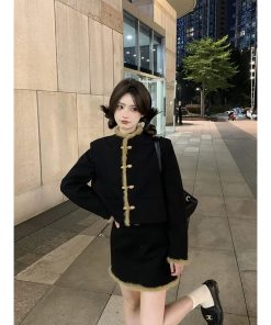 Chinese-Style Button Coat and Half Skirt Set for Women - Designer Niche Cardigan and Short Skirt Two-Piece Winter Outfit