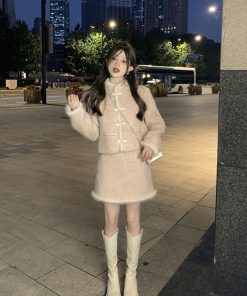 Chinese-Style Button Coat and Half Skirt Set for Women - Designer Niche Cardigan and Short Skirt Two-Piece Winter Outfit