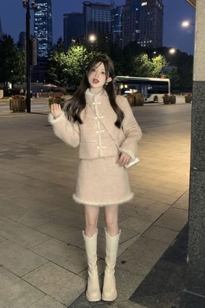 Chinese-Style Button Coat and Half Skirt Set for Women - Designer Niche Cardigan and Short Skirt Two-Piece Winter Outfit