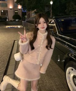 Chinese-Style Button Coat and Half Skirt Set for Women - Designer Niche Cardigan and Short Skirt Two-Piece Winter Outfit