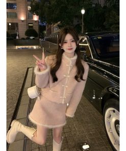 Chinese-Style Button Coat and Half Skirt Set for Women - Designer Niche Cardigan and Short Skirt Two-Piece Winter Outfit