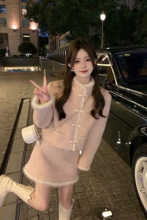 Chinese-Style Button Coat and Half Skirt Set for Women - Designer Niche Cardigan and Short Skirt Two-Piece Winter Outfit