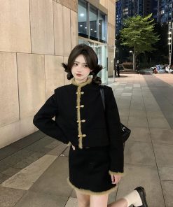 Chinese-Style Button Coat and Half Skirt Set for Women - Designer Niche Cardigan and Short Skirt Two-Piece Winter Outfit