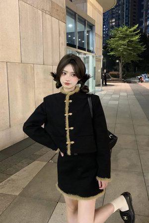 Chinese-Style Button Coat and Half Skirt Set for Women - Designer Niche Cardigan and Short Skirt Two-Piece Winter Outfit