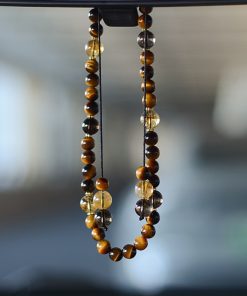 Chinese-Style Car Hanging Ornament with Yellow Tiger's Eye and Crystal Pendant for Safety - Rearview Mirror Decoration for Men and Women