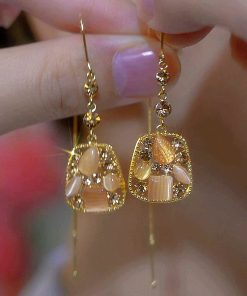 Chinese Style Cat's Eye Stone Square Long Tassel Earrings for Women - Light Luxury Design for a Slimmer Face Look