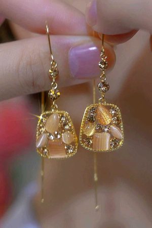 Chinese Style Cat's Eye Stone Square Long Tassel Earrings for Women - Light Luxury Design for a Slimmer Face Look