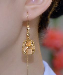 Chinese Style Cat's Eye Stone Square Long Tassel Earrings for Women - Light Luxury Design for a Slimmer Face Look