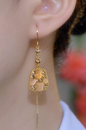 Chinese Style Cat's Eye Stone Square Long Tassel Earrings for Women - Light Luxury Design for a Slimmer Face Look