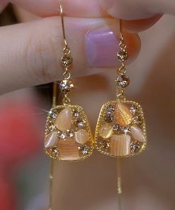 Chinese Style Cat's Eye Stone Square Long Tassel Earrings for Women - Light Luxury Design for a Slimmer Face Look