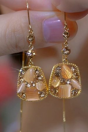 Chinese Style Cat's Eye Stone Square Long Tassel Earrings for Women - Light Luxury Design for a Slimmer Face Look