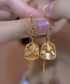 Chinese Style Cat's Eye Stone Square Long Tassel Earrings for Women - Light Luxury Design for a Slimmer Face Look