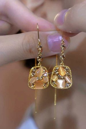 Chinese Style Cat's Eye Stone Square Long Tassel Earrings for Women - Light Luxury Design for a Slimmer Face Look
