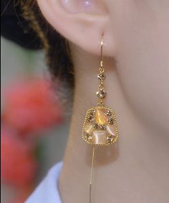 Chinese Style Cat's Eye Stone Square Long Tassel Earrings for Women - Light Luxury Design for a Slimmer Face Look
