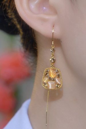 Chinese Style Cat's Eye Stone Square Long Tassel Earrings for Women - Light Luxury Design for a Slimmer Face Look