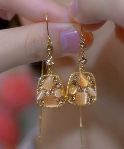 Chinese Style Cat's Eye Stone Square Long Tassel Earrings for Women - Light Luxury Design for a Slimmer Face Look