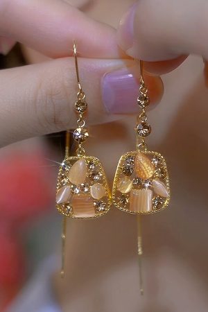 Chinese Style Cat's Eye Stone Square Long Tassel Earrings for Women - Light Luxury Design for a Slimmer Face Look
