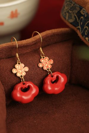 Chinese Style Cinnabar & Pure Silver Drop Earrings with Cloud Wish Lock - Zodiac Year Festival Jewelry for Women