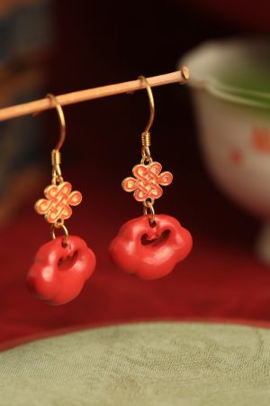 Chinese Style Cinnabar & Pure Silver Drop Earrings with Cloud Wish Lock - Zodiac Year Festival Jewelry for Women