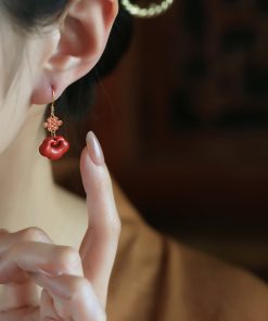 Chinese Style Cinnabar & Pure Silver Drop Earrings with Cloud Wish Lock - Zodiac Year Festival Jewelry for Women