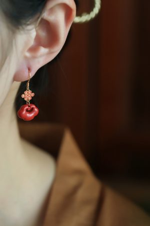 Chinese Style Cinnabar & Pure Silver Drop Earrings with Cloud Wish Lock - Zodiac Year Festival Jewelry for Women