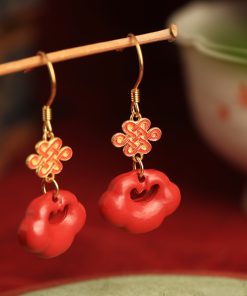 Chinese Style Cinnabar & Pure Silver Drop Earrings with Cloud Wish Lock - Zodiac Year Festival Jewelry for Women