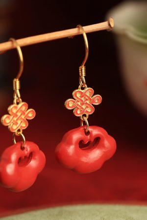 Chinese Style Cinnabar & Pure Silver Drop Earrings with Cloud Wish Lock - Zodiac Year Festival Jewelry for Women
