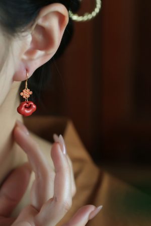 Chinese Style Cinnabar & Pure Silver Drop Earrings with Cloud Wish Lock - Zodiac Year Festival Jewelry for Women