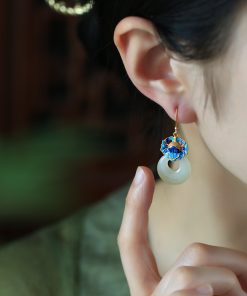 Chinese Style CloisonnÃ© Blue Peony Enamel Earrings in Pure Silver - Elegant Hetian Jade Peace Buckle Design for Women