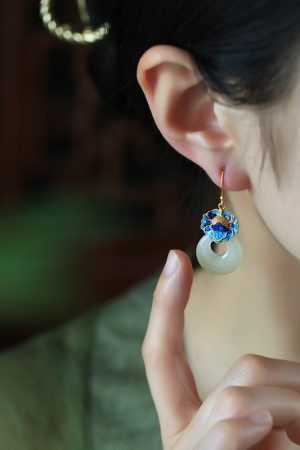 Chinese Style CloisonnÃ© Blue Peony Enamel Earrings in Pure Silver - Elegant Hetian Jade Peace Buckle Design for Women