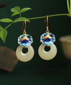 Chinese Style CloisonnÃ© Blue Peony Enamel Earrings in Pure Silver - Elegant Hetian Jade Peace Buckle Design for Women