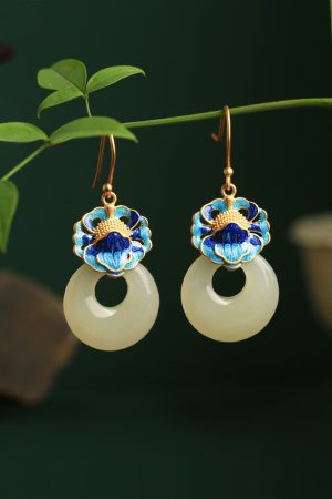 Chinese Style CloisonnÃ© Blue Peony Enamel Earrings in Pure Silver - Elegant Hetian Jade Peace Buckle Design for Women