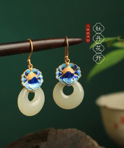 Chinese Style CloisonnÃ© Blue Peony Enamel Earrings in Pure Silver - Elegant Hetian Jade Peace Buckle Design for Women