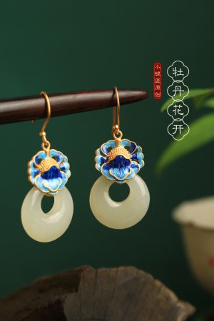 Chinese Style CloisonnÃ© Blue Peony Enamel Earrings in Pure Silver - Elegant Hetian Jade Peace Buckle Design for Women
