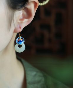 Chinese Style CloisonnÃ© Blue Peony Enamel Earrings in Pure Silver - Elegant Hetian Jade Peace Buckle Design for Women