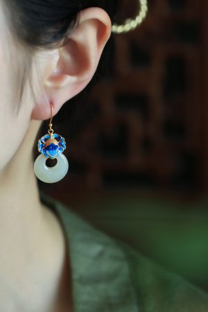 Chinese Style CloisonnÃ© Blue Peony Enamel Earrings in Pure Silver - Elegant Hetian Jade Peace Buckle Design for Women