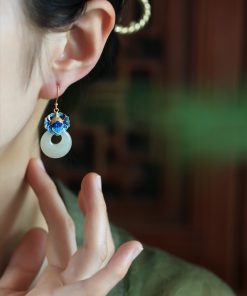 Chinese Style CloisonnÃ© Blue Peony Enamel Earrings in Pure Silver - Elegant Hetian Jade Peace Buckle Design for Women