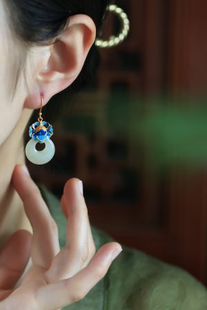 Chinese Style CloisonnÃ© Blue Peony Enamel Earrings in Pure Silver - Elegant Hetian Jade Peace Buckle Design for Women