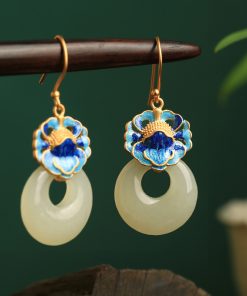 Chinese Style CloisonnÃ© Blue Peony Enamel Earrings in Pure Silver - Elegant Hetian Jade Peace Buckle Design for Women