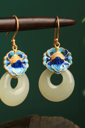 Chinese Style CloisonnÃ© Blue Peony Enamel Earrings in Pure Silver - Elegant Hetian Jade Peace Buckle Design for Women